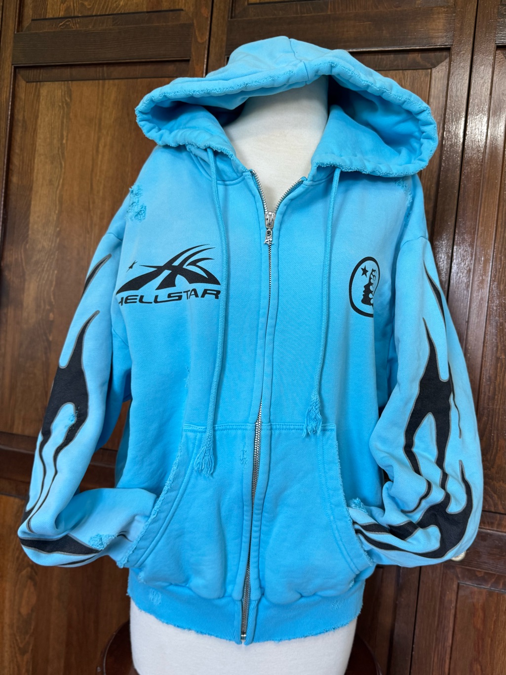 Hellstar Y2k Punk-Rock Distressed Oversized Flame Zip-Up Hoodie Size Small